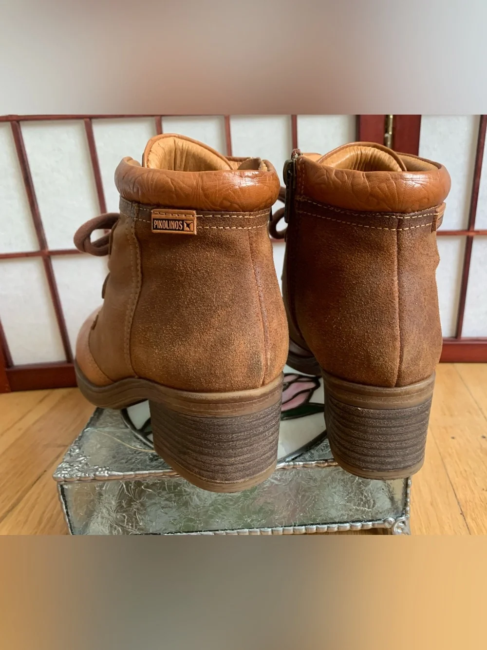 EUC PIKOLINO LYON Carmel/Brown Leather Lace-Up Side-Zip Ankle Boots Size 38/7.5